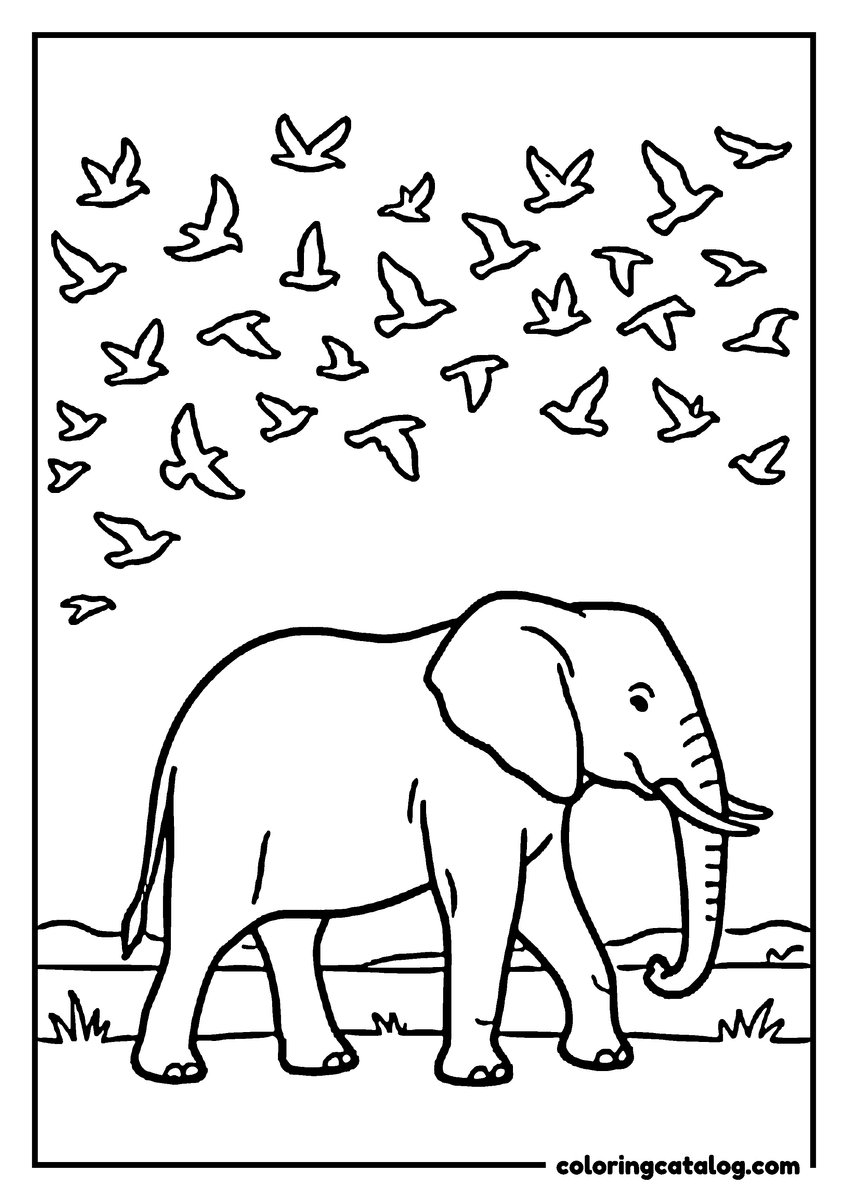 Coloring page: An elephant walking across the plain beneath a big flock of flying birds