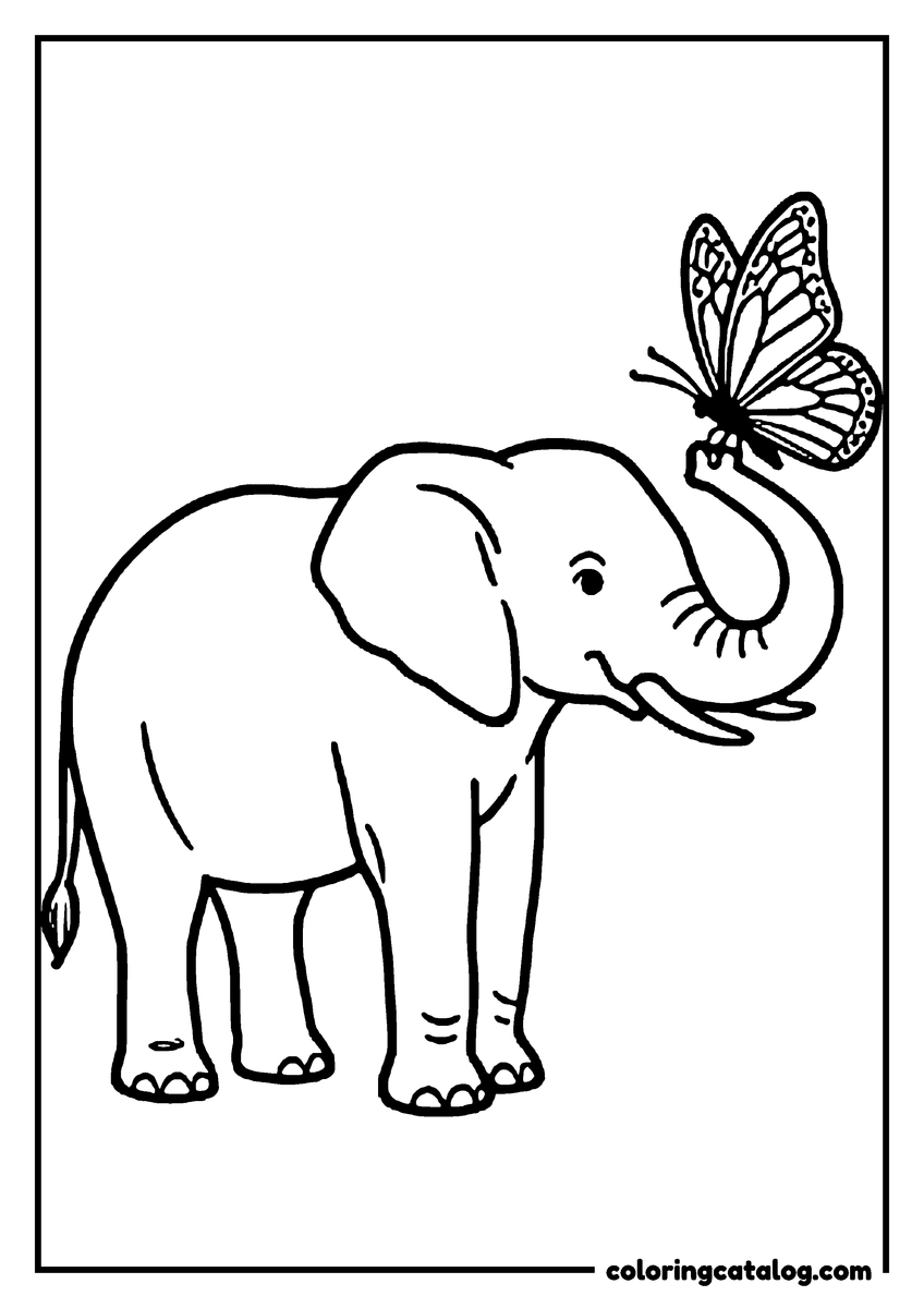 Coloring page: An elephant raising its trunk with a butterfly resting on the very tip
