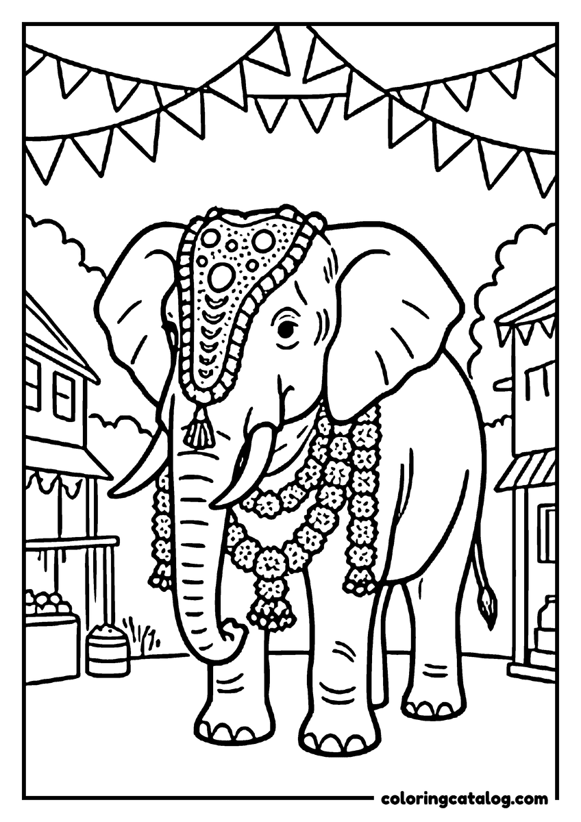 Printable coloring page: An elephant wearing a decorated headpiece and marigold garlands in a village street hung with bunting