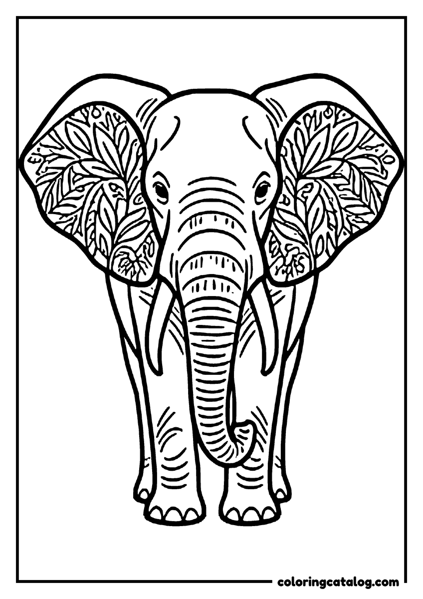 Free printable coloring sheet: An elephant seen face on with its ears spread wide and filled with leaf patterns
