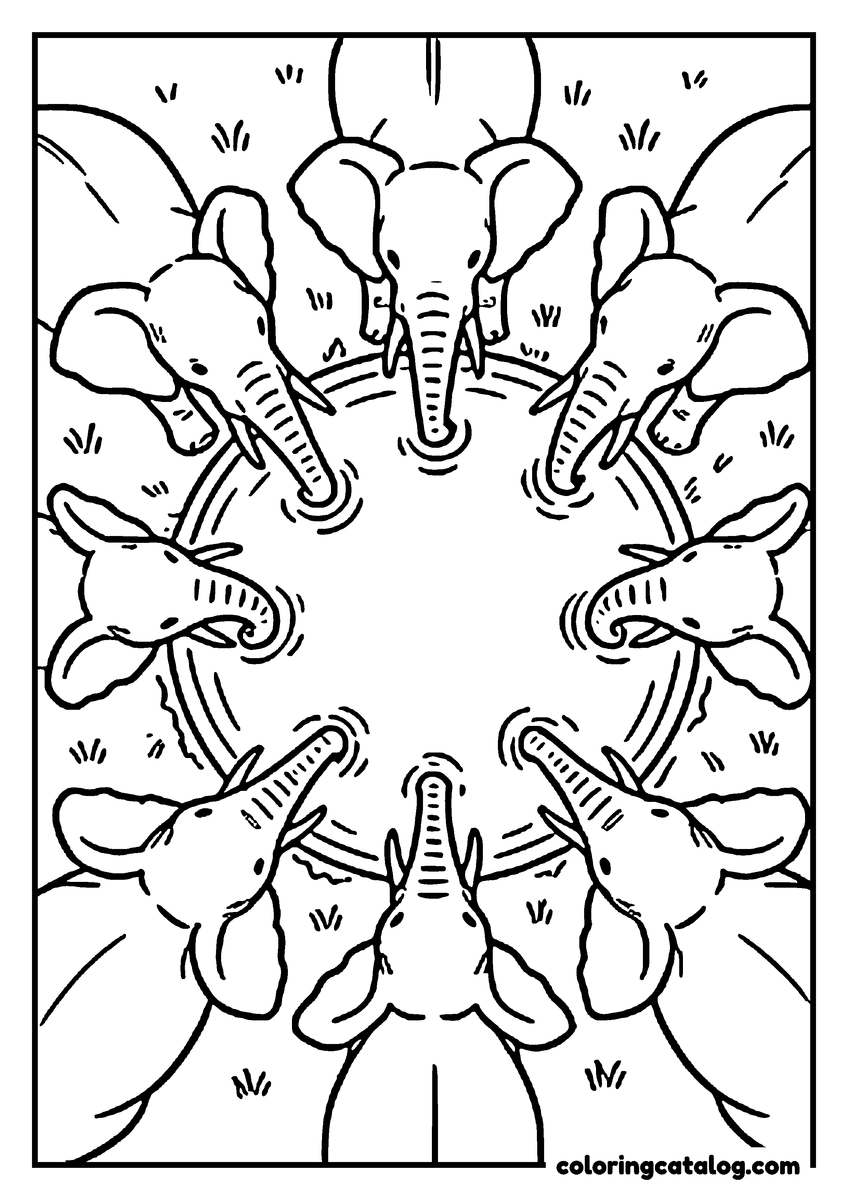 Coloring page: A herd of elephants seen from above, drinking in a circle around a round waterhole