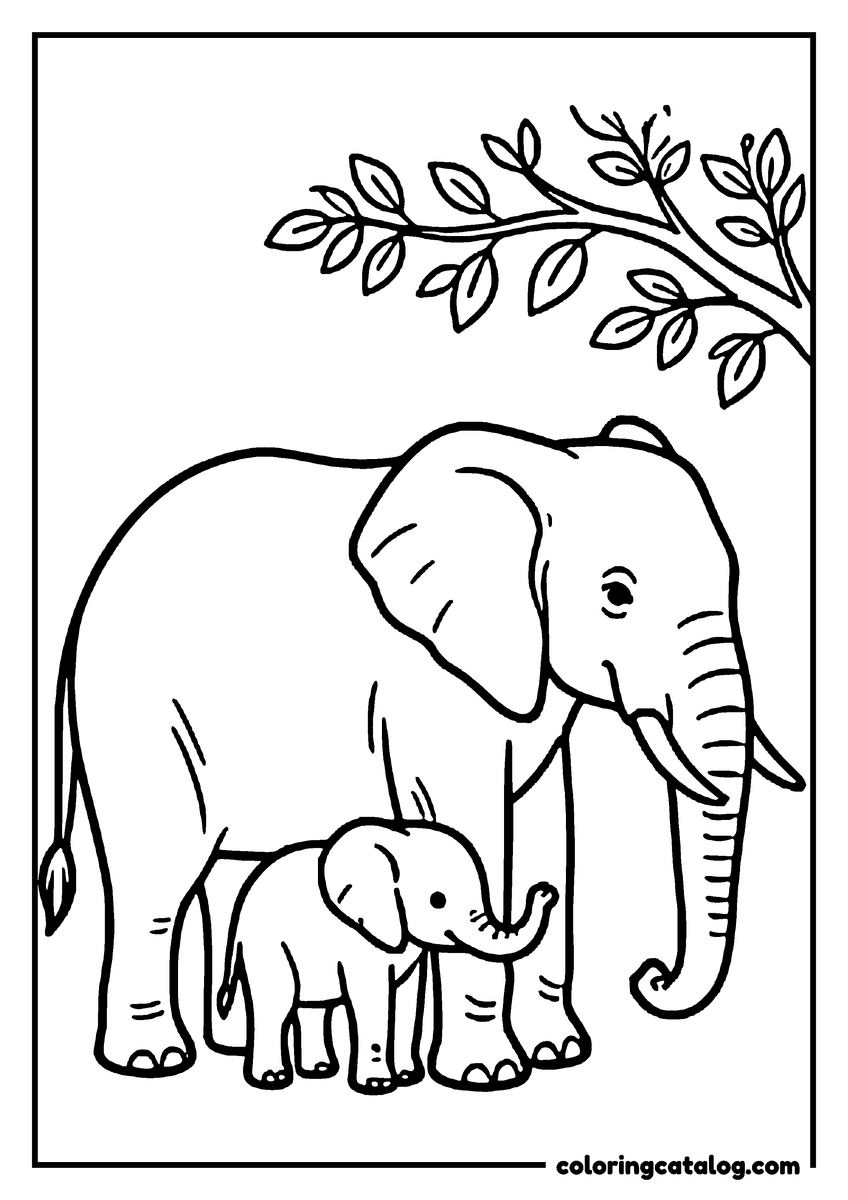 Coloring page: A mother elephant standing in the shade with her calf close beside her legs