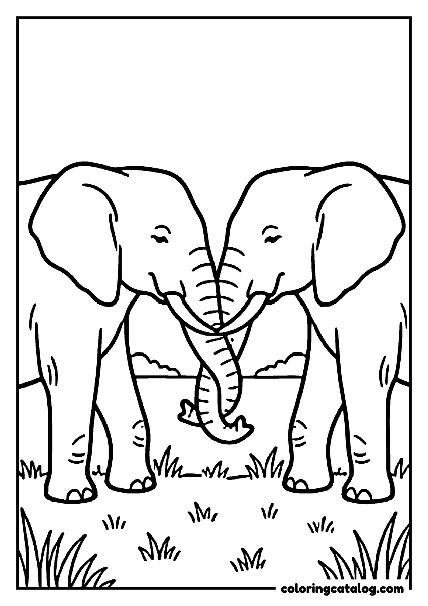 Printable coloring page: Two elephants facing each other with their trunks twined together in greeting