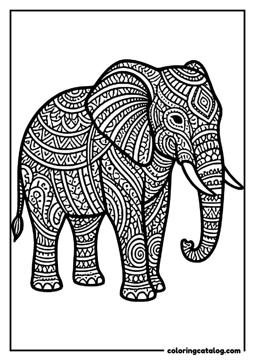 Free printable coloring sheet: An elephant covered in zentangle patterns of stripes, dots, spirals and paisley