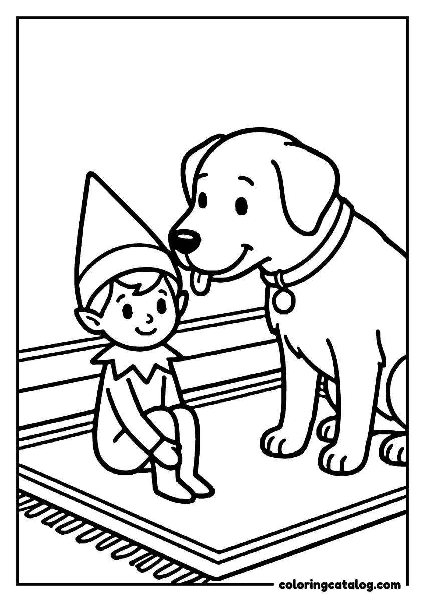 Free Elf on the shelf coloring sheet: An elf sitting on a rug beside a friendly puppy