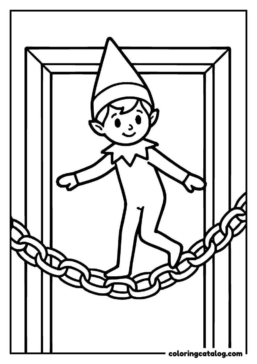 Printable Elf on the shelf coloring page: An elf balancing on a paper chain across a doorway