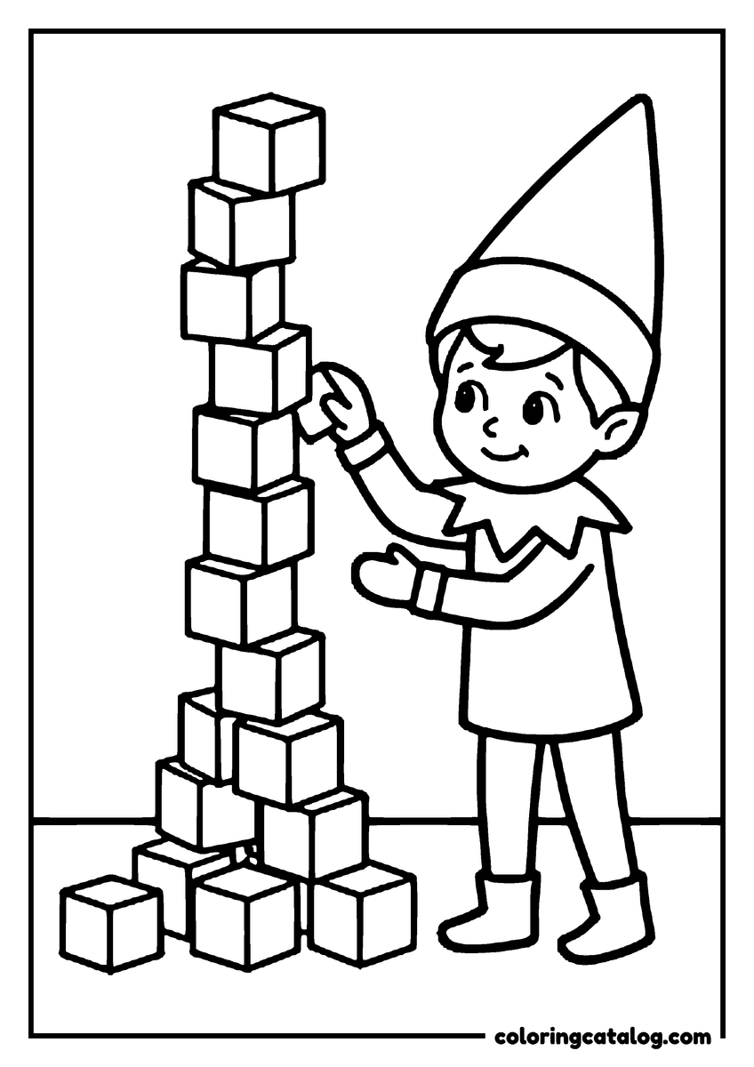 Printable Elf on the shelf coloring page: An elf stacking a tall tower of blocks