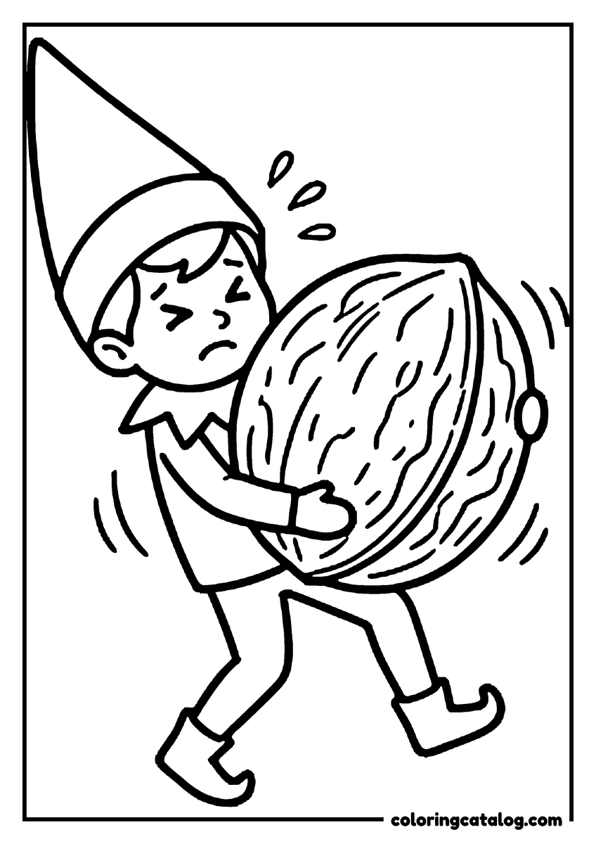 Elf on the shelf coloring page: An elf straining to carry a giant walnut