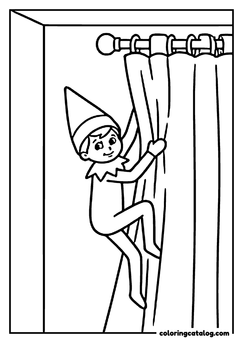Free Elf on the shelf coloring sheet: An elf climbing up the curtains
