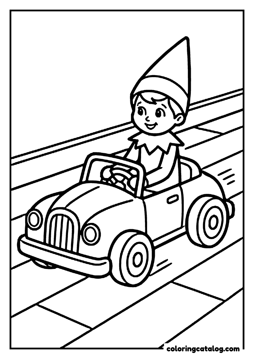 Elf on the shelf coloring page: An elf driving a toy car across the floor