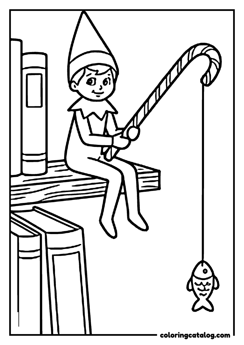 Printable Elf on the shelf coloring page: An elf fishing with a candy cane from a bookshelf
