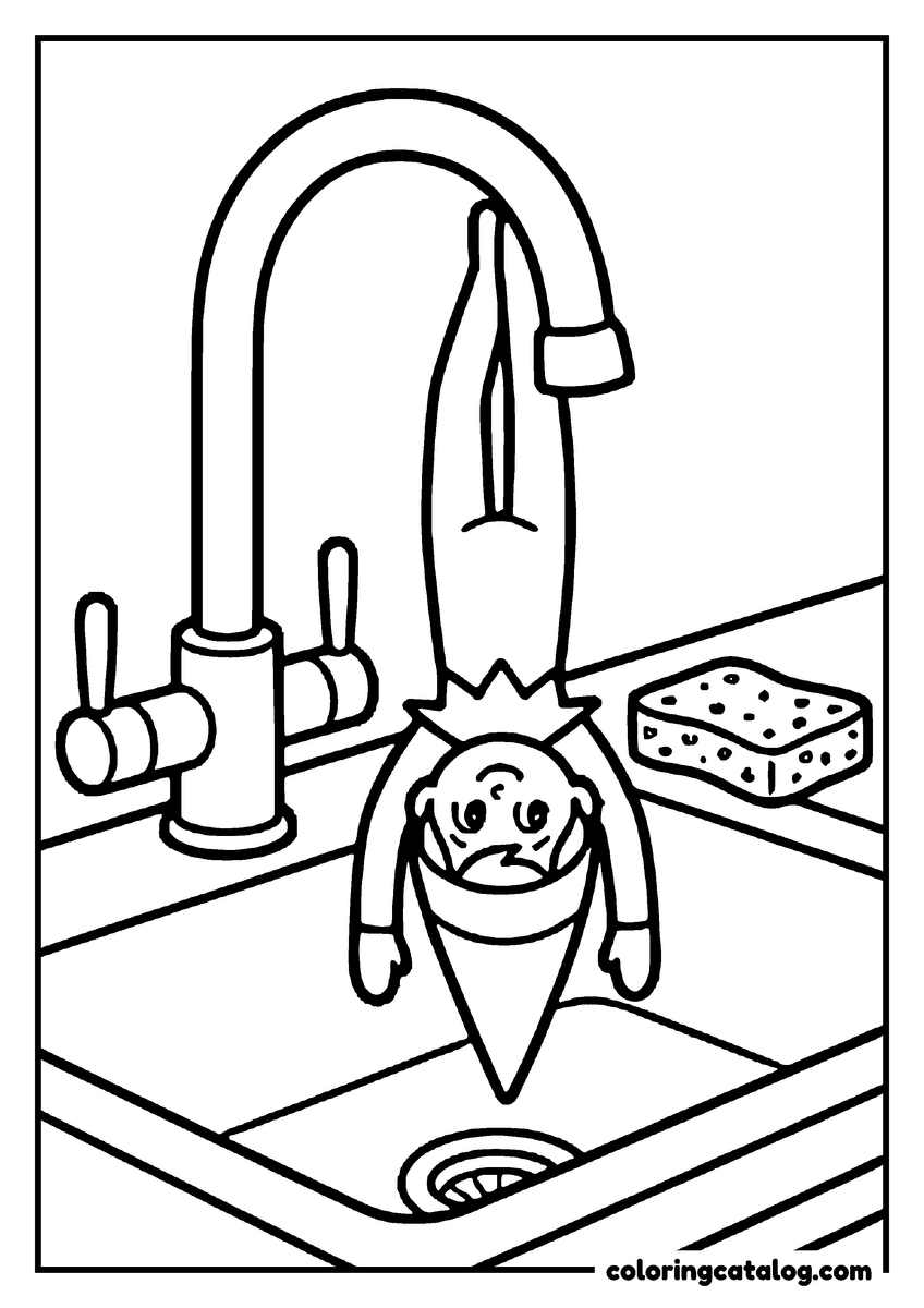 Free Elf on the shelf coloring sheet: An elf hanging upside down from the kitchen faucet