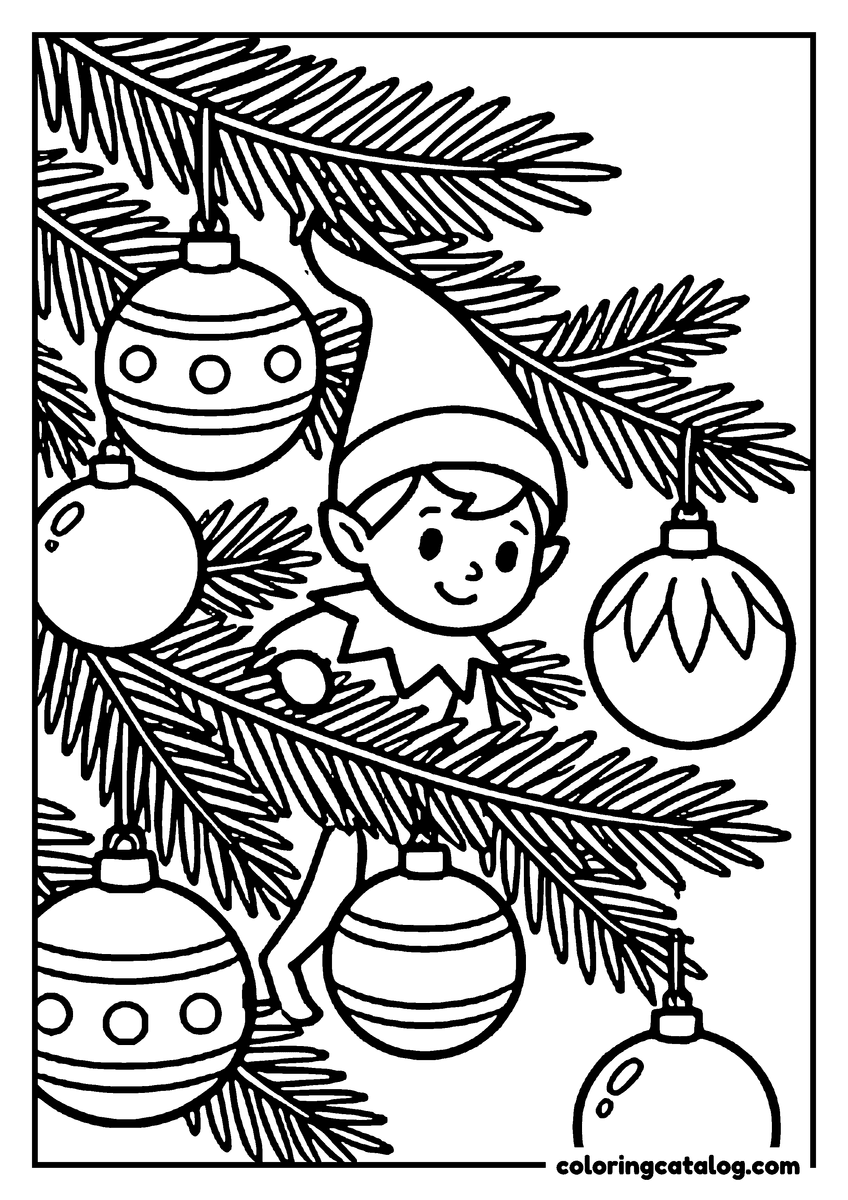Elf on the shelf coloring page: An elf hiding among the ornaments on the Christmas tree