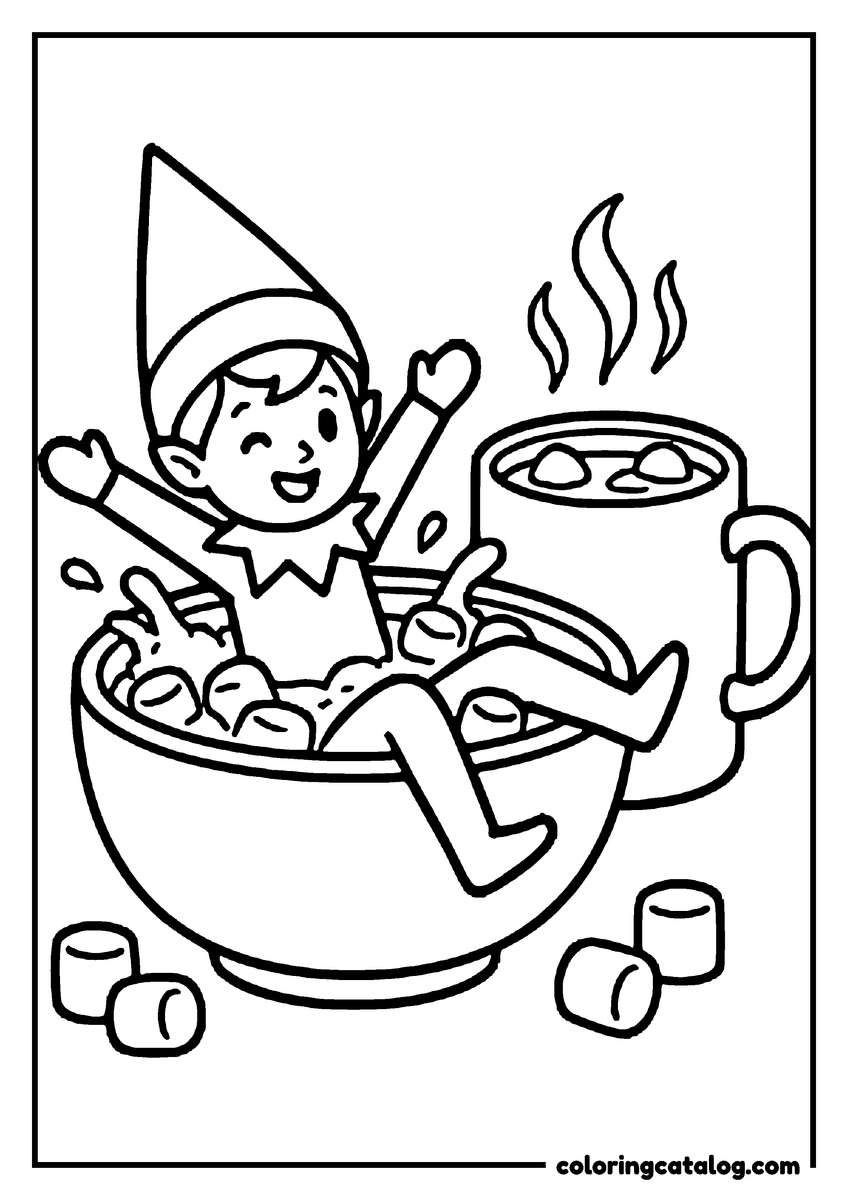 Printable Elf on the shelf coloring page: An elf splashing in a bowl of marshmallows next to hot cocoa