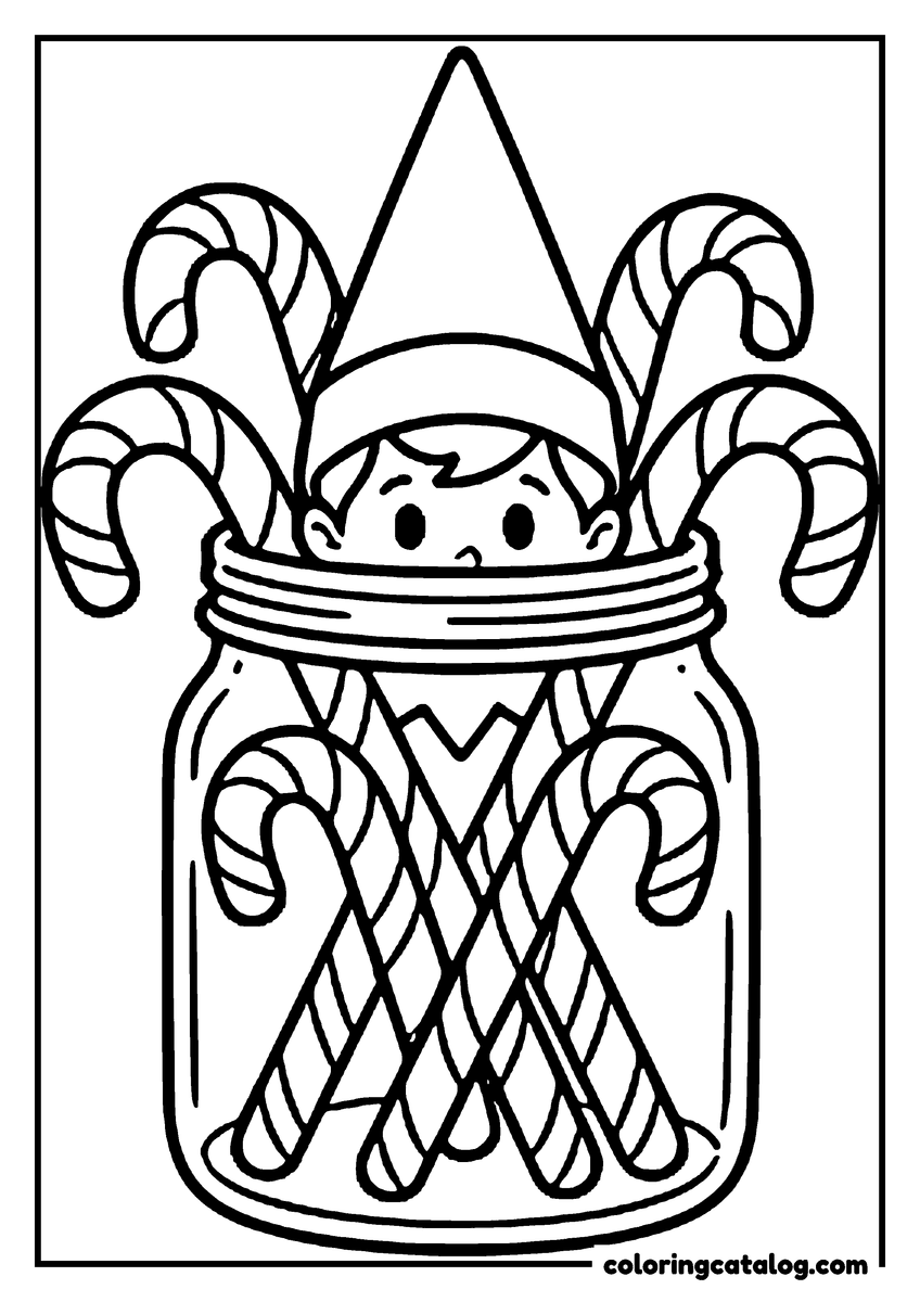 Free Elf on the shelf coloring sheet: An elf peeking out of a jar of candy canes