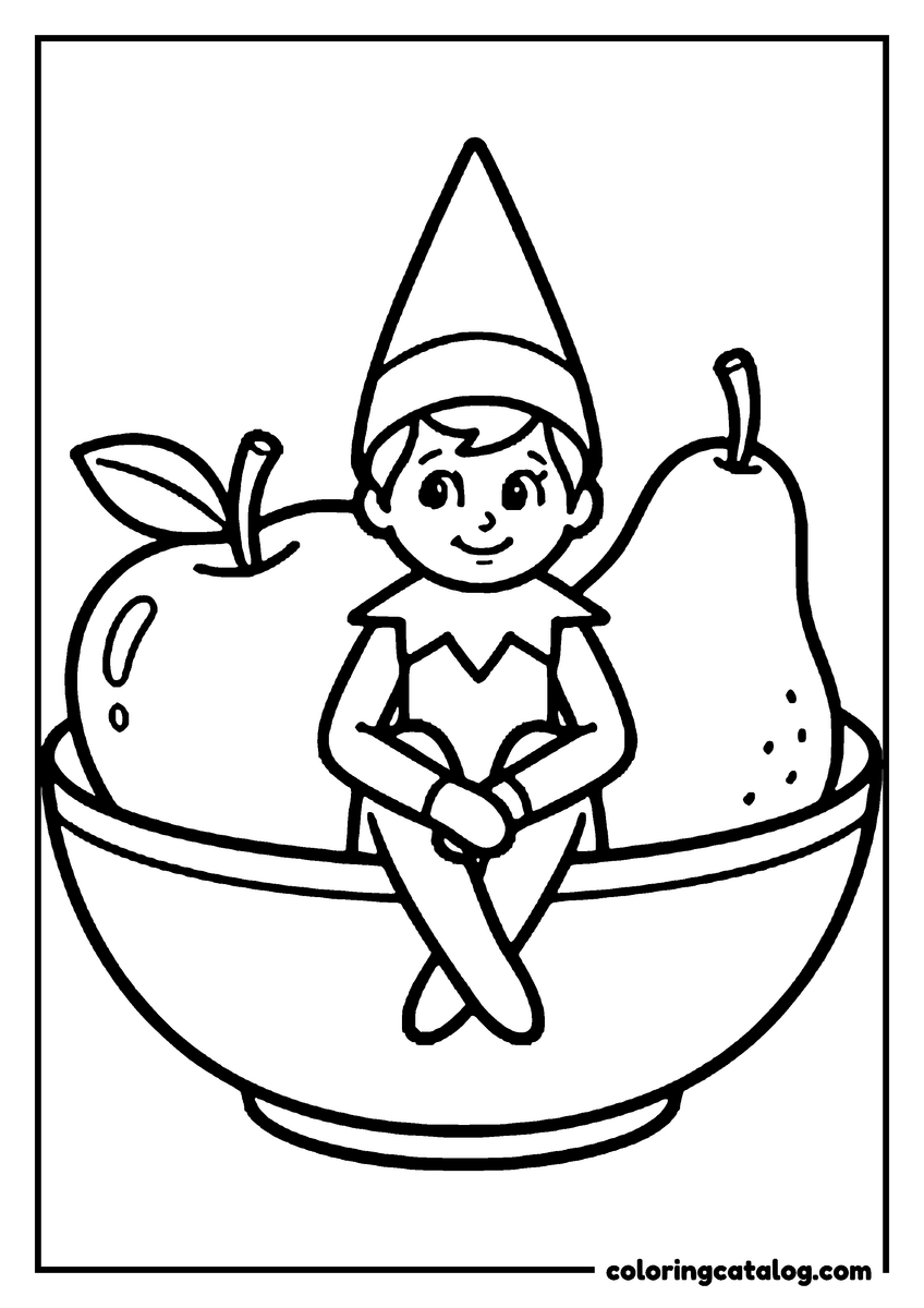 Free Elf on the shelf coloring sheet: An elf sitting in a fruit bowl between an apple and a pear