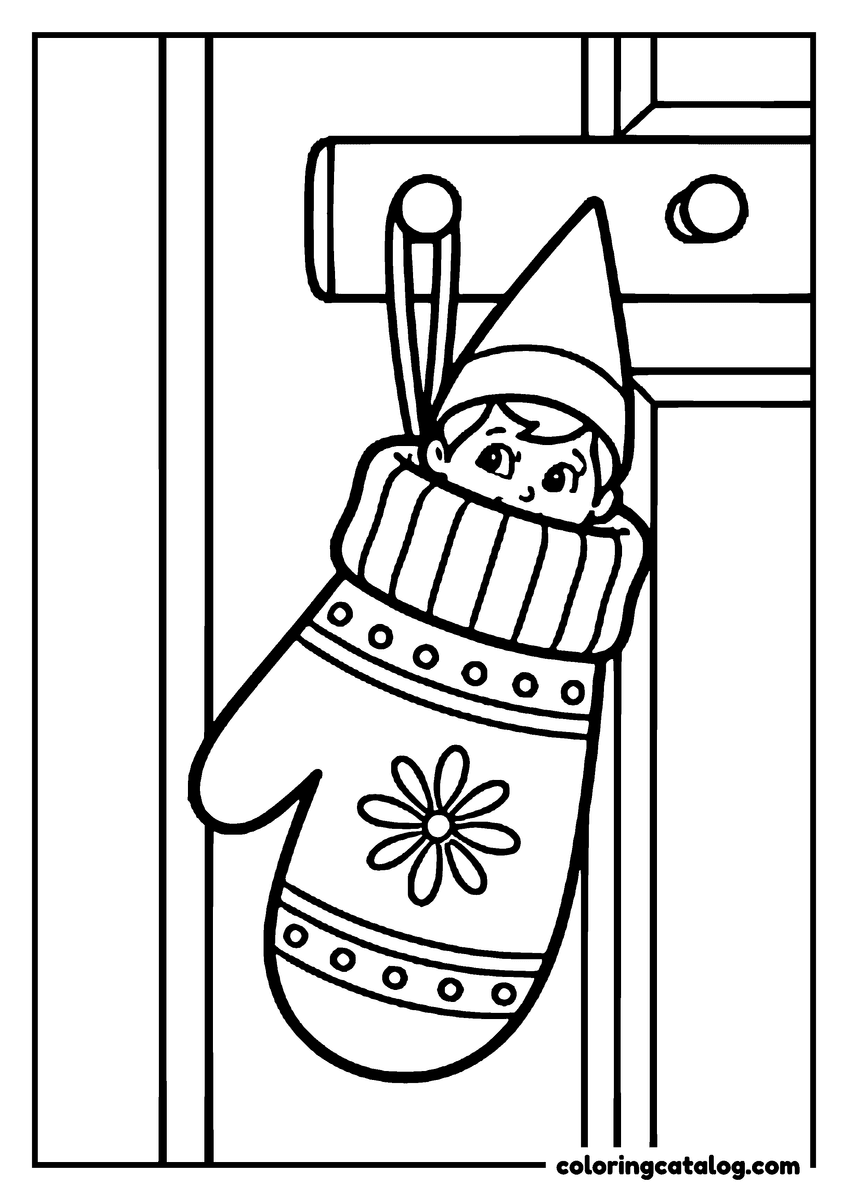 Free Elf on the shelf coloring sheet: An elf peeking out of a mitten hanging on a hook