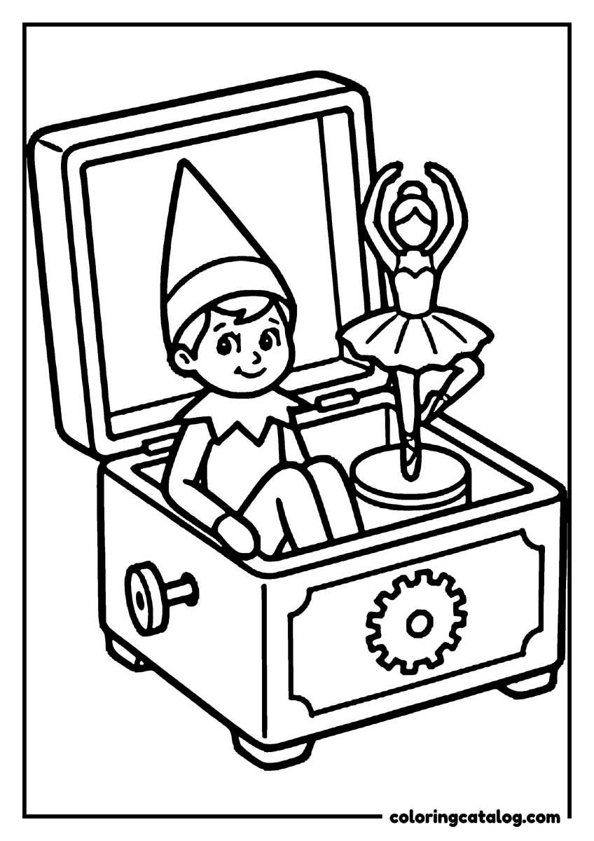 Elf on the shelf coloring page: An elf sitting in a music box beside the little ballerina