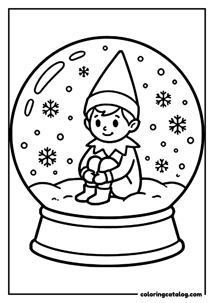 Elf on the shelf coloring page: An elf sitting inside a snow globe