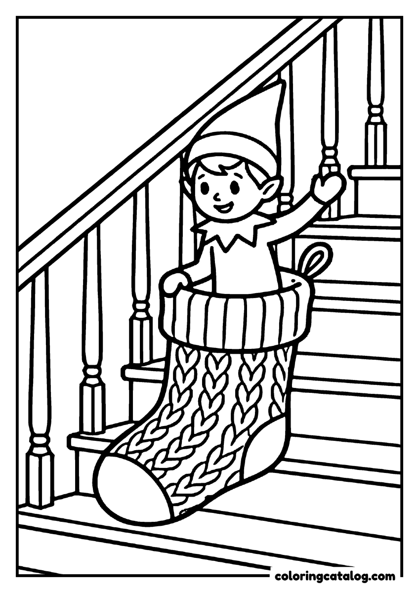 Free Elf on the shelf coloring sheet: An elf peeking out of a knitted stocking on the stair rail