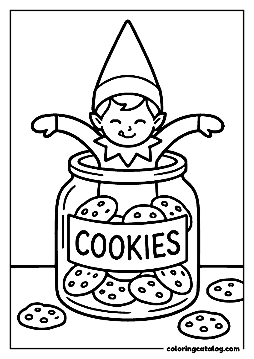 Printable Elf on the shelf coloring page: An elf popping out of a COOKIES jar