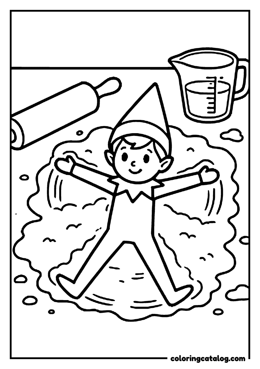 Printable Elf on the shelf coloring page: An elf making a snow angel in spilled flour