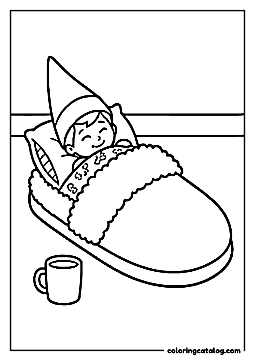 Elf on the shelf coloring page: An elf asleep in a fuzzy slipper