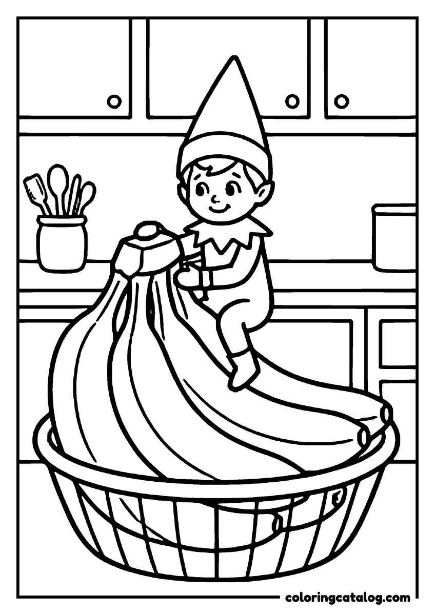 Elf on the shelf coloring page: An elf sitting on a bunch of bananas in the kitchen