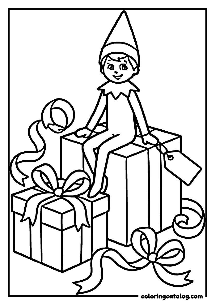 Printable Elf on the shelf coloring page: An elf sitting on top of a pile of wrapped presents