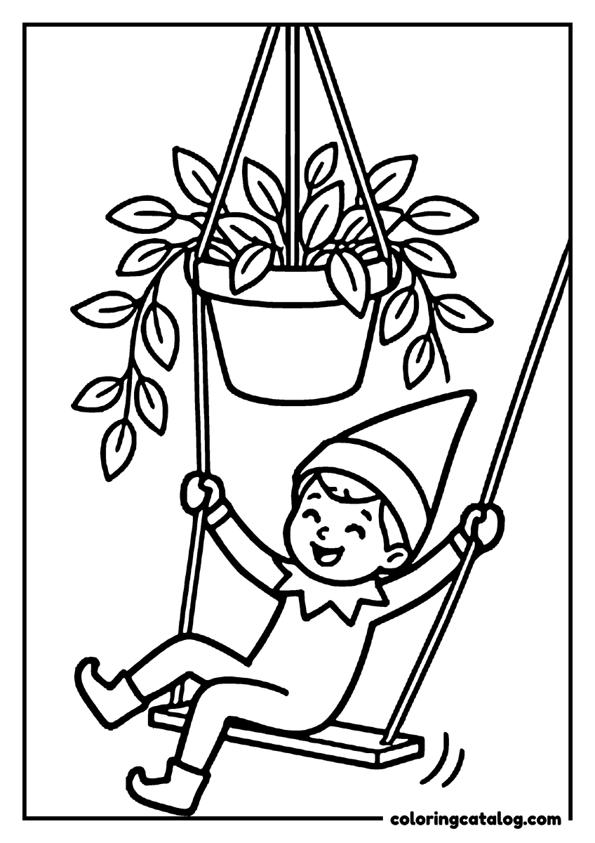 Free Elf on the shelf coloring sheet: An elf swinging under a hanging plant