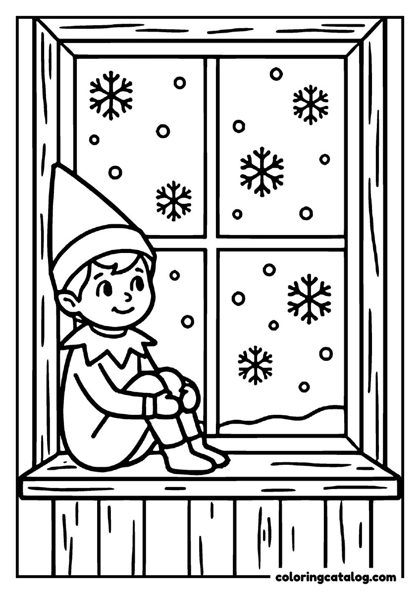 Printable Elf on the shelf coloring page: An elf sitting on a windowsill watching the snow