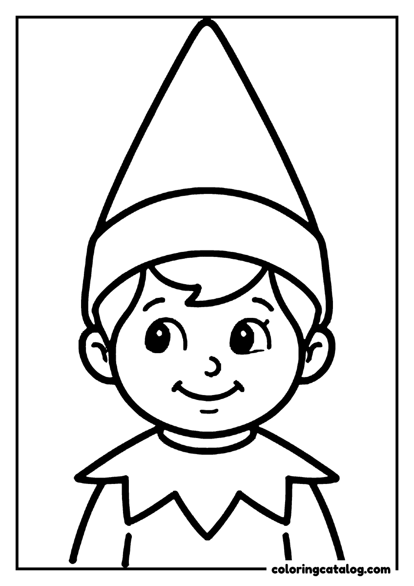 Free Elf on the shelf coloring sheet: A big smiling elf face in its pointed hat