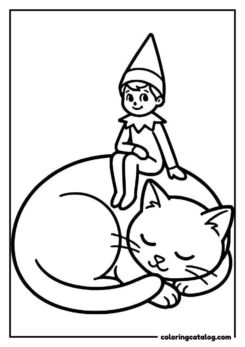 Printable Elf on the shelf coloring page: An elf sitting on a sleeping cat