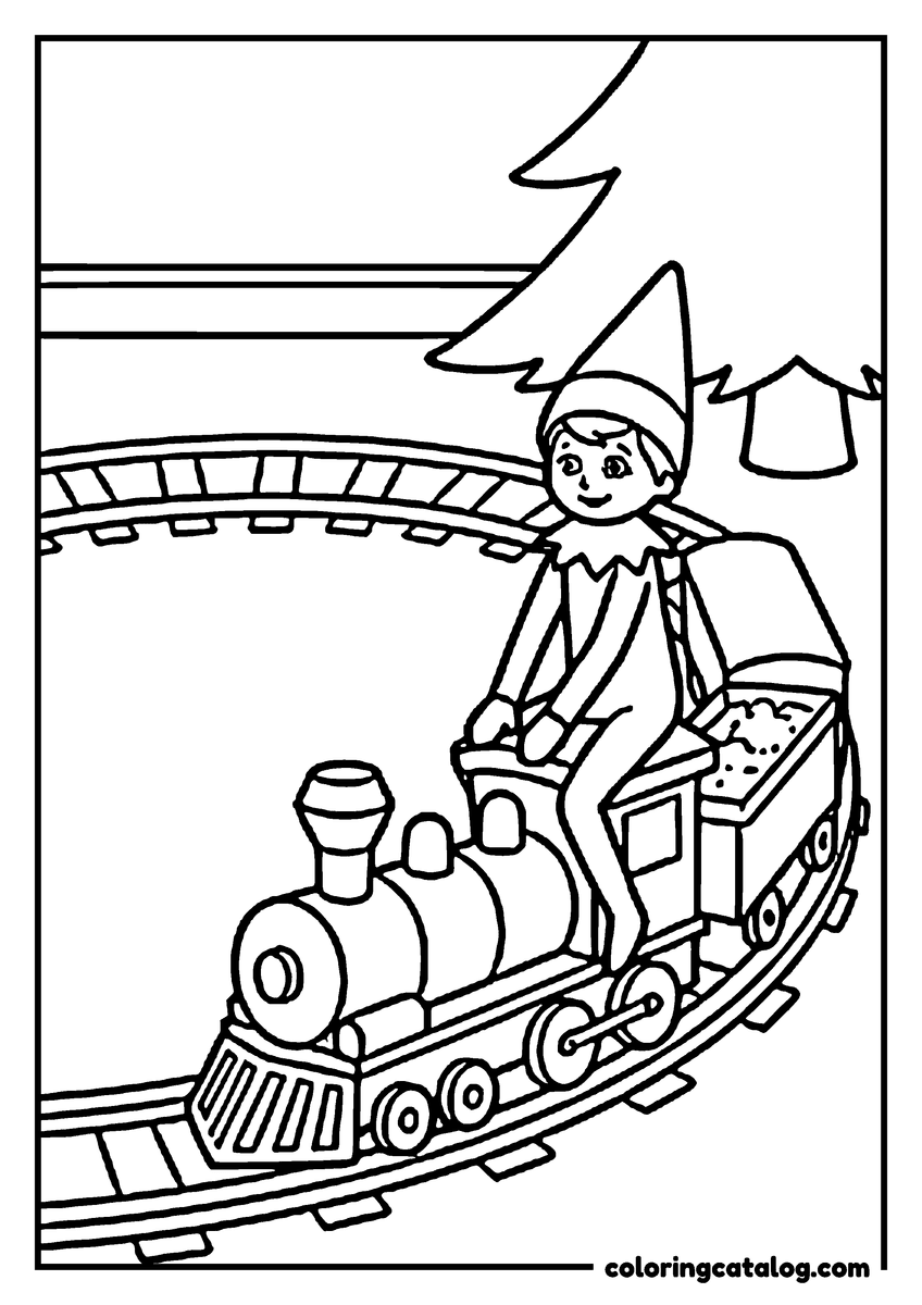Elf on the shelf coloring page: An elf riding a toy train around the Christmas tree