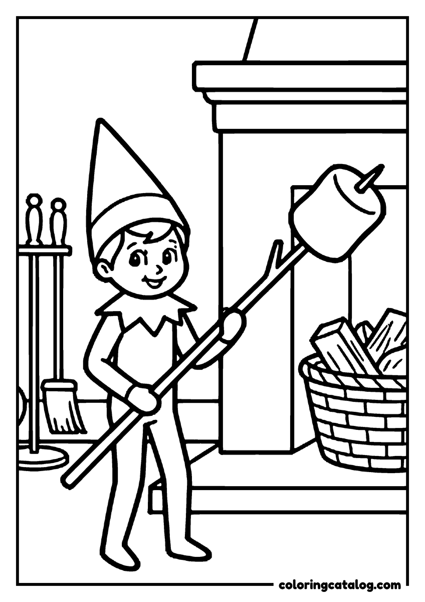 Printable Elf on the shelf coloring page: An elf roasting a marshmallow at the fireplace