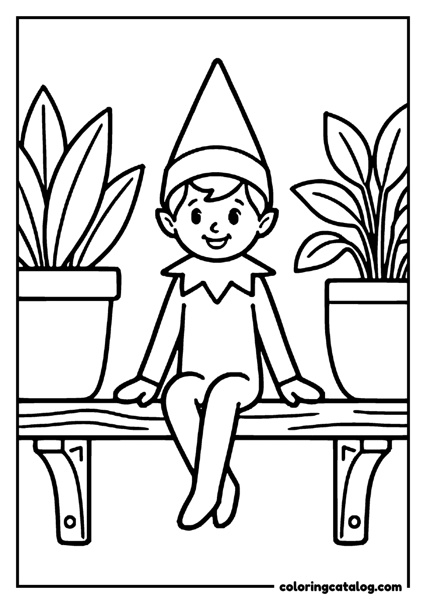 Elf on the shelf coloring page: An elf sitting on a wooden shelf between two potted plants