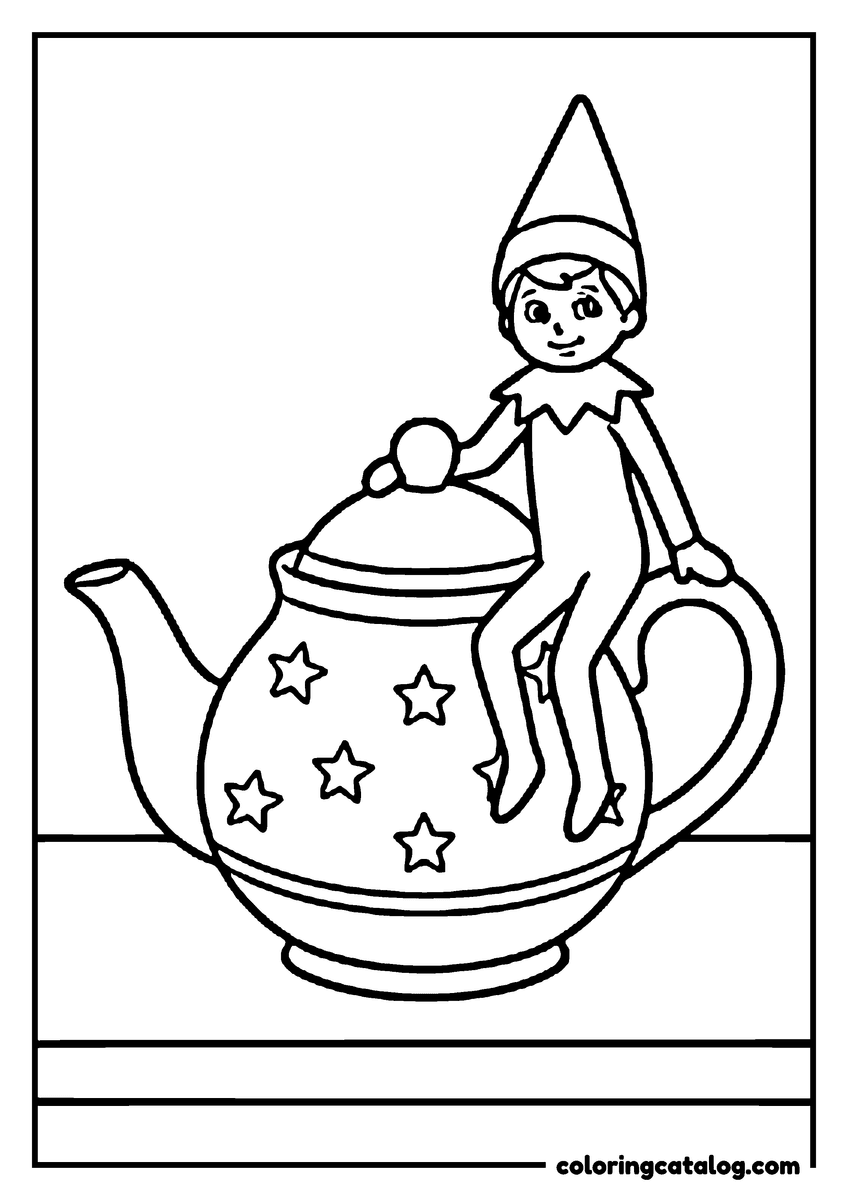 Elf on the shelf coloring page: An elf sitting on a starry teapot