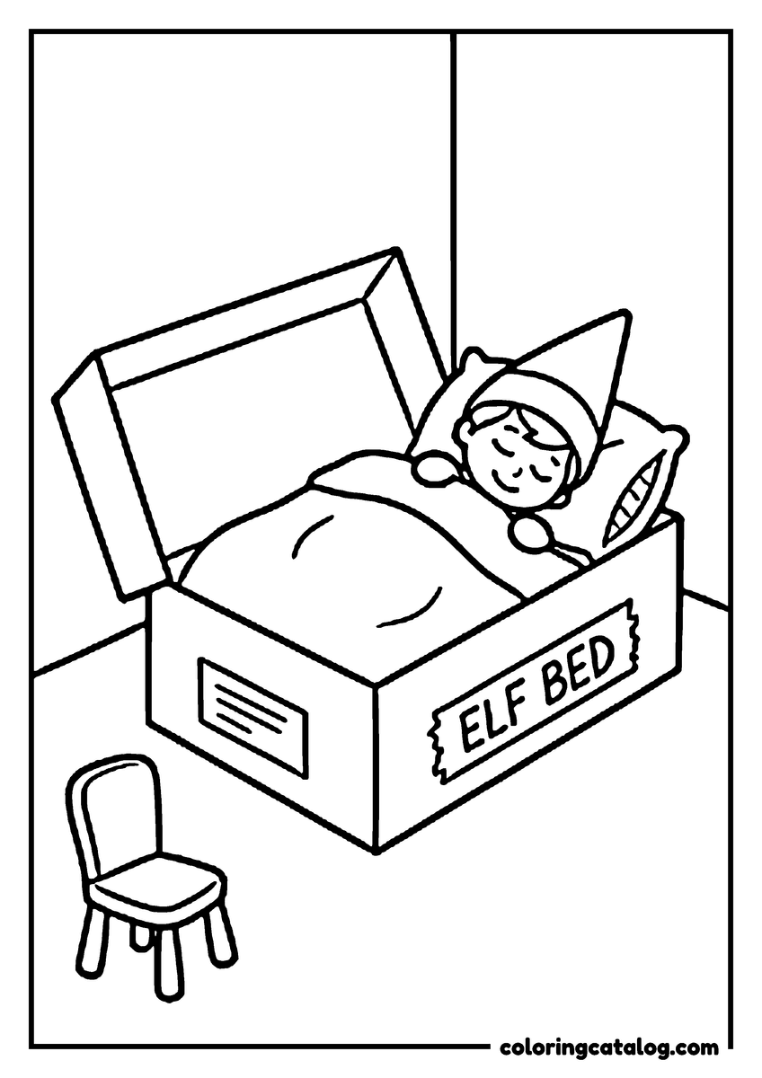 Printable Elf on the shelf coloring page: An elf asleep in a cardboard box labeled ELF BED