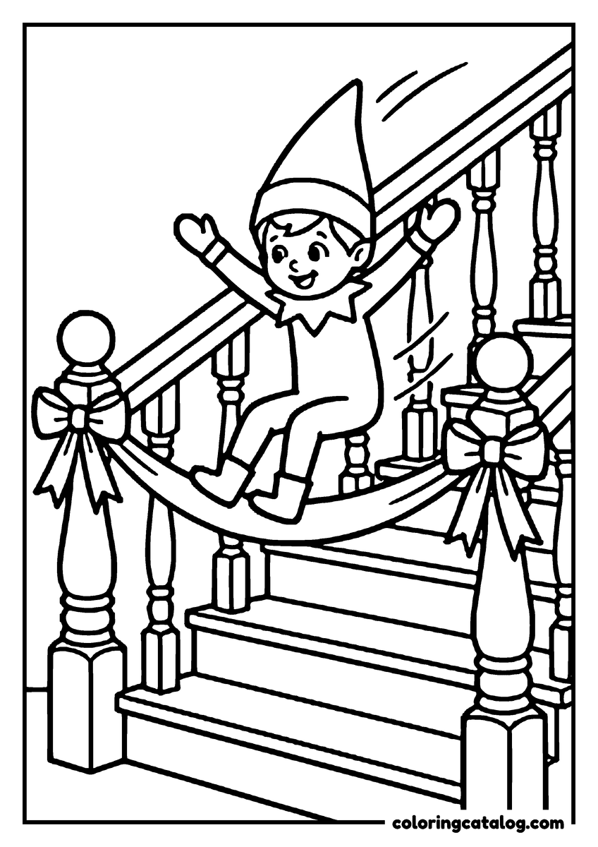 Printable Elf on the shelf coloring page: An elf sliding down the decorated banister