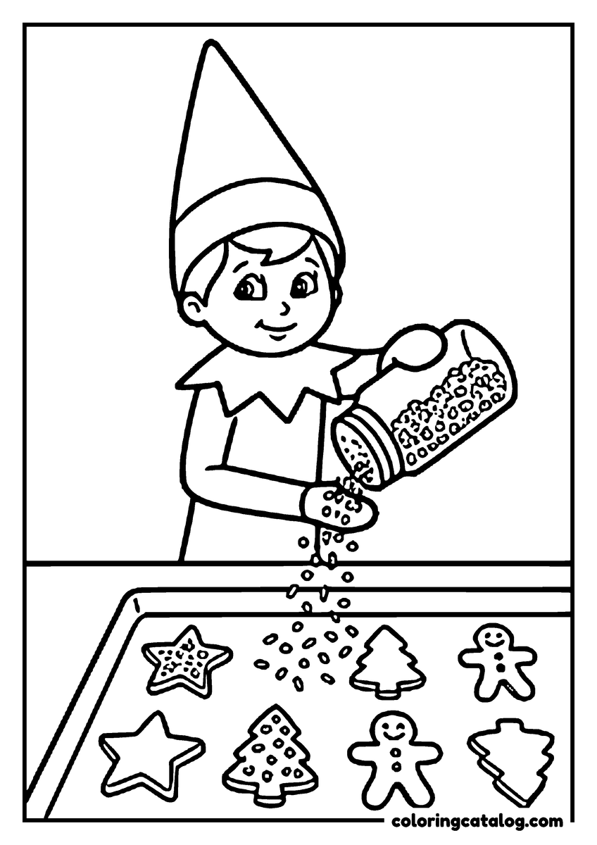 Printable Elf on the shelf coloring page: An elf sprinkling a tray of Christmas cookies