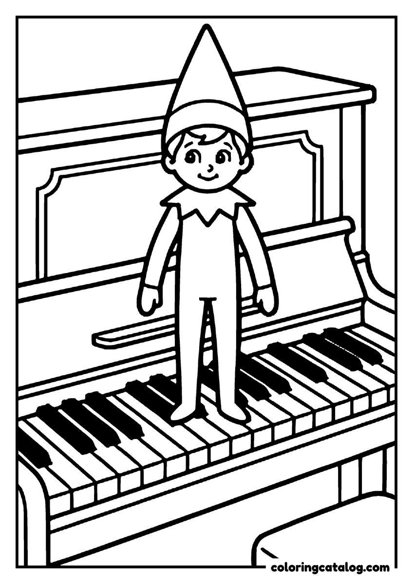 Elf on the shelf coloring page: An elf standing on the piano keys