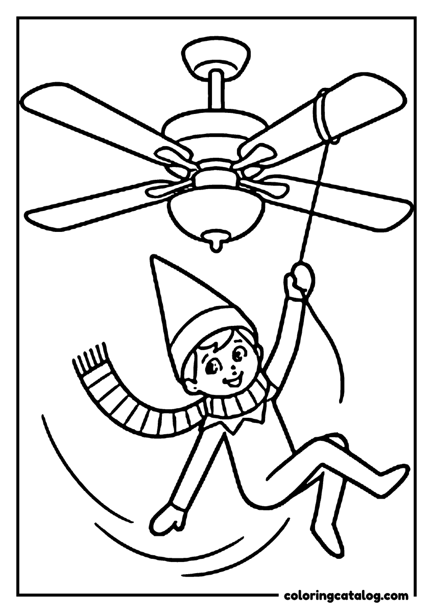 Free Elf on the shelf coloring sheet: An elf in a scarf swinging from the ceiling fan