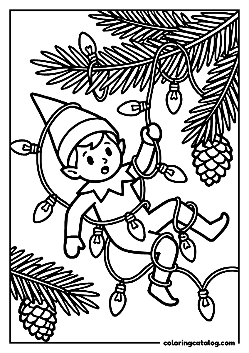 Elf on the shelf coloring page: An elf tangled in a string of Christmas lights on the tree