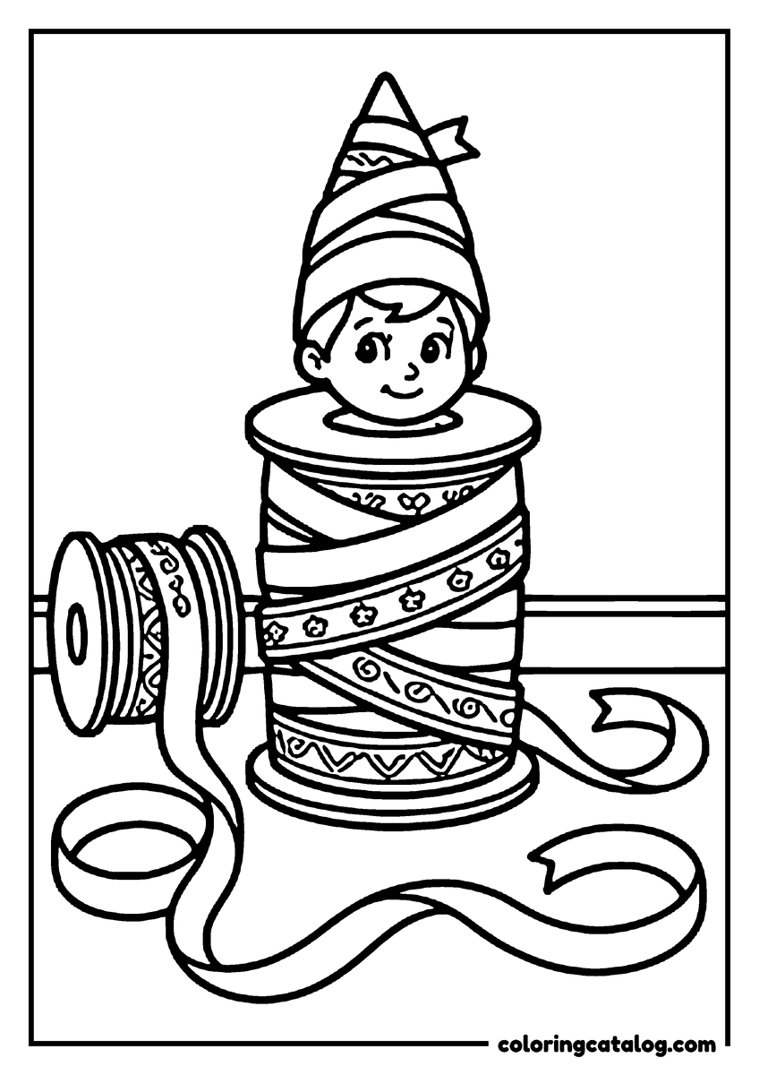 Elf on the shelf coloring page: An elf wrapped up in ribbon on a spool
