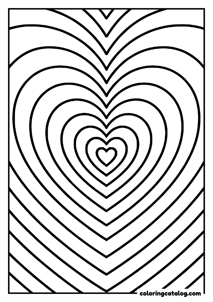 Dibujo para colorear de corazones: contornos de corazón que se repiten hacia afuera desde un centro pequeño hasta llenar toda la hoja