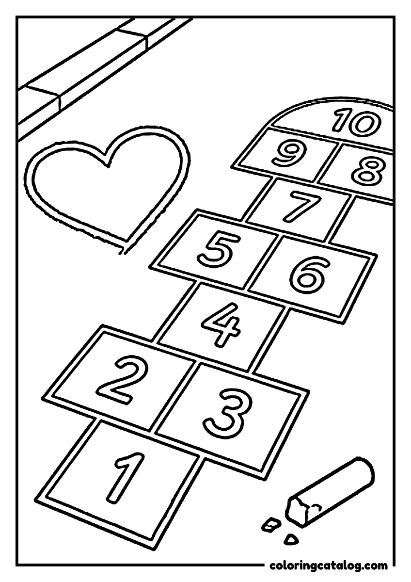 Dibujo de corazones para colorear e imprimir: una rayuela dibujada con tiza y numerada hasta el diez sube por la acera, junto a un corazón dibujado y un trozo de tiza