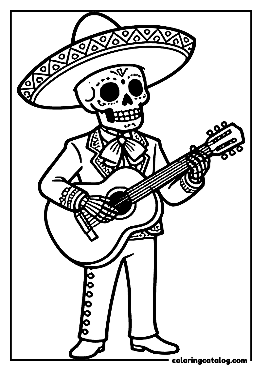 Dibujo de Día de Muertos para colorear: una calaca mariachi con sombrero de charro que toca la guitarra