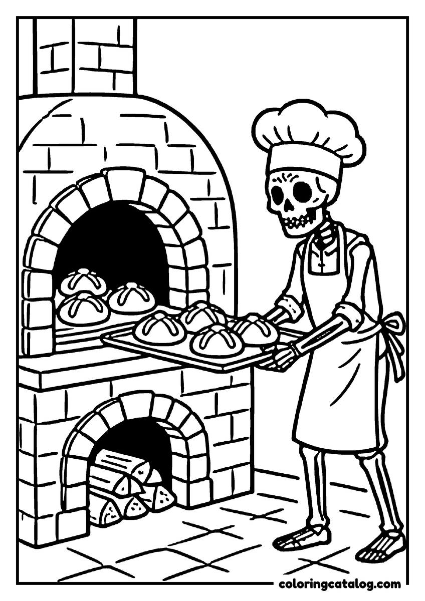 Dibujo de Día de Muertos para colorear: una calaca panadera que saca pan de muerto de un horno de ladrillo
