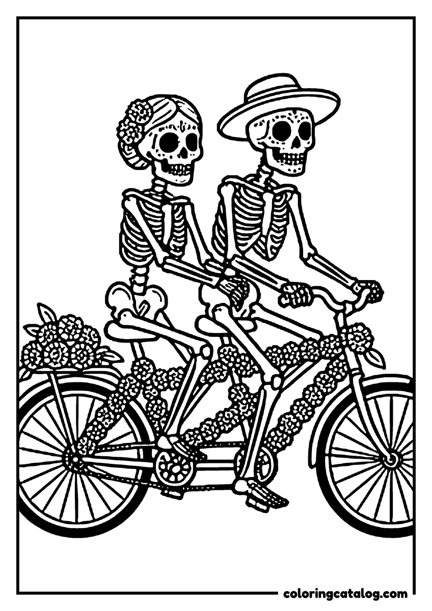 Dibujo para colorear de Día de Muertos: una pareja de calacas que pasea en una bicicleta tándem cubierta de flores