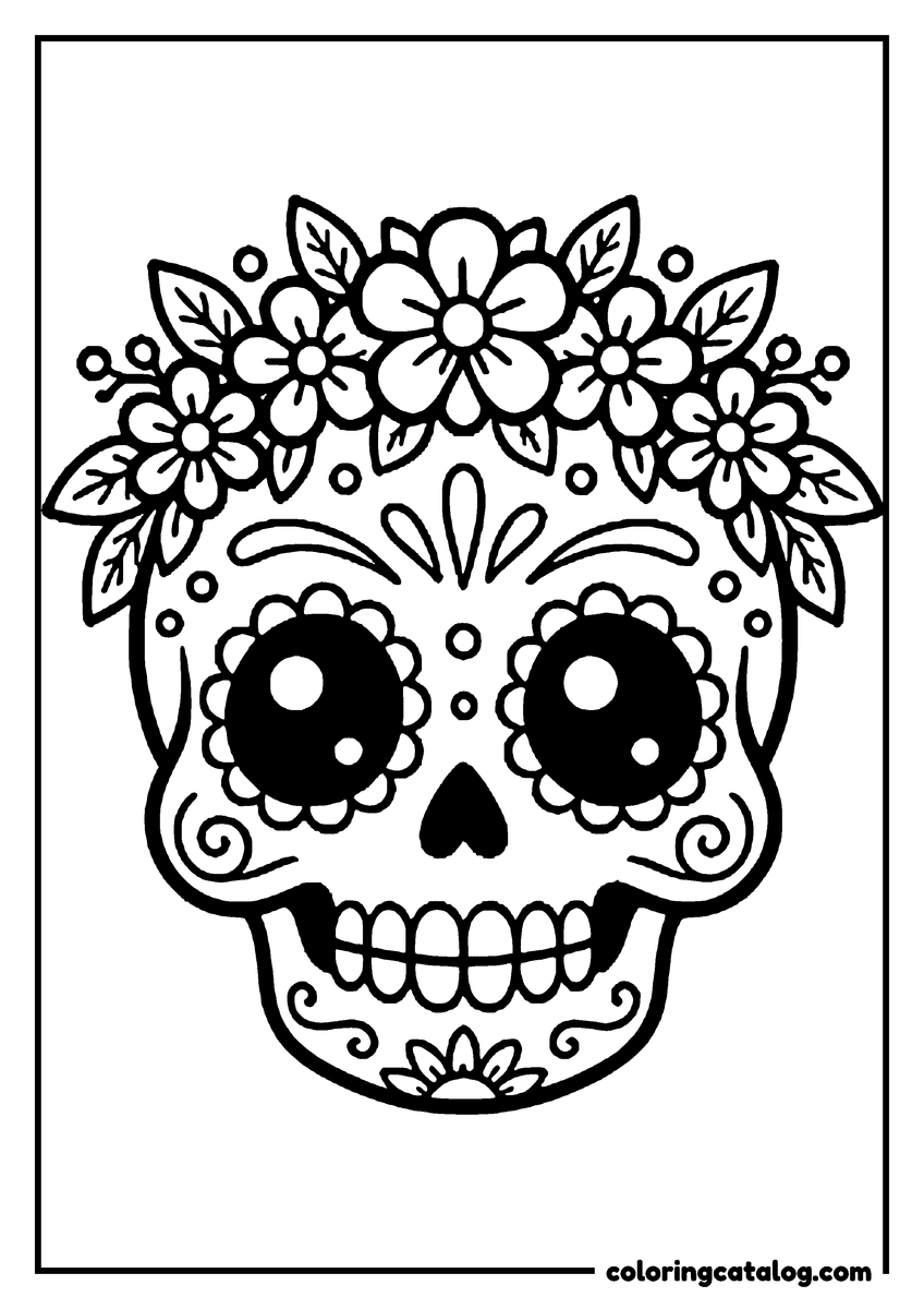 Dibujo de Día de Muertos para colorear: una calaverita de azúcar tierna que lleva una corona de flores